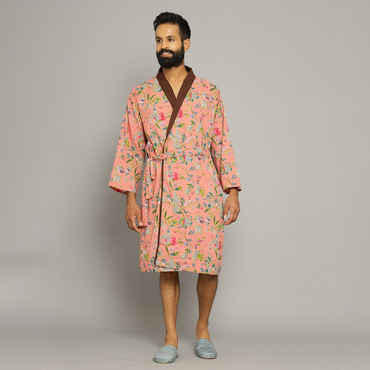 Men's Peach Cotton Hand printed kimono robe