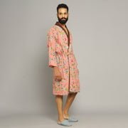 Men's Peach Cotton Hand printed kimono robe