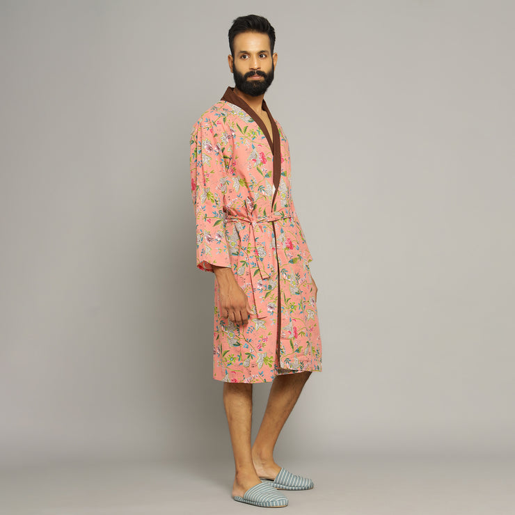 Men's Peach Cotton Hand printed kimono robe