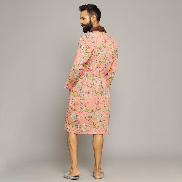 Men's Peach Cotton Hand printed kimono robe