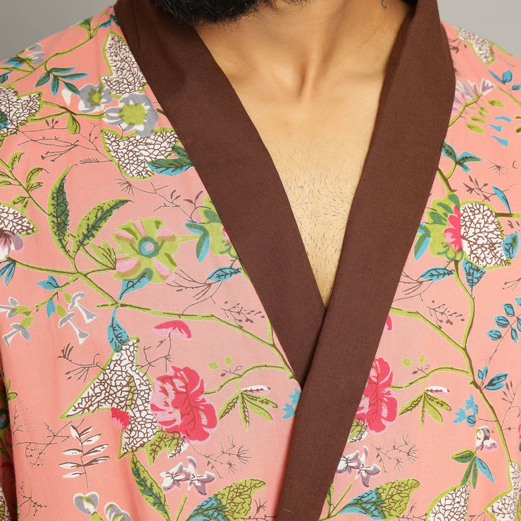Men's Peach Cotton Hand printed kimono robe