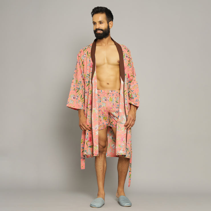 Men's Peach Cotton Hand printed kimono robe
