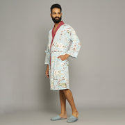 Men's Sky Blue Cotton Hand printed kimono robe