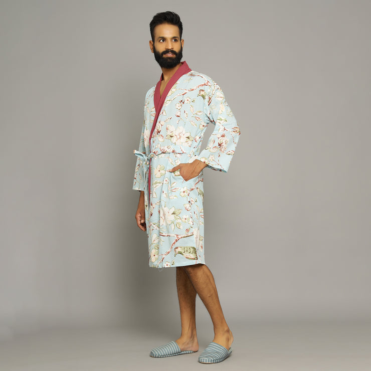 Men's Sky Blue Cotton Hand printed kimono robe