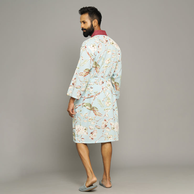 Men's Sky Blue Cotton Hand printed kimono robe