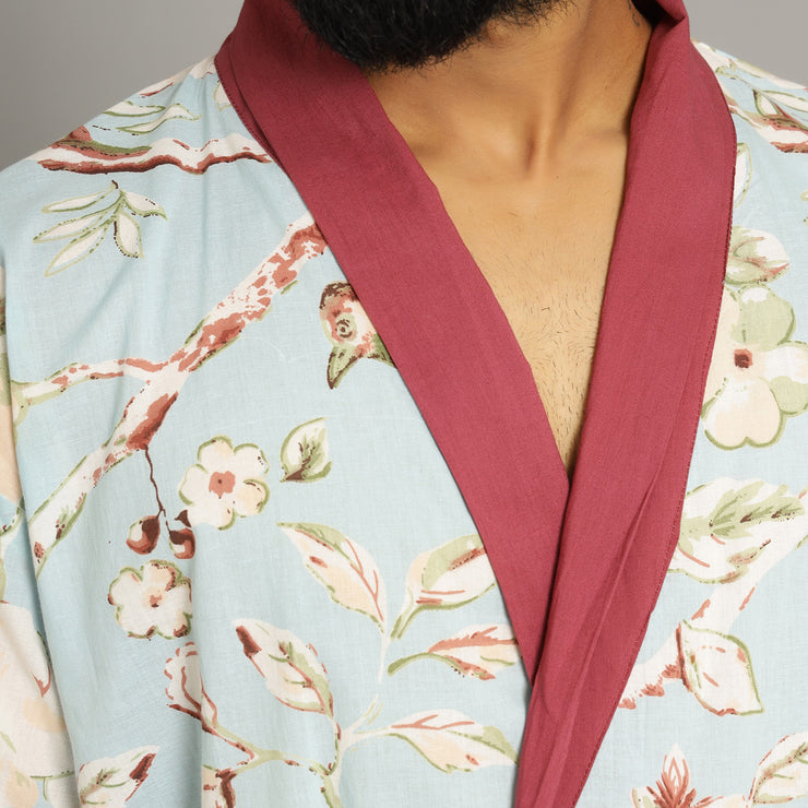 Men's Sky Blue Cotton Hand printed kimono robe