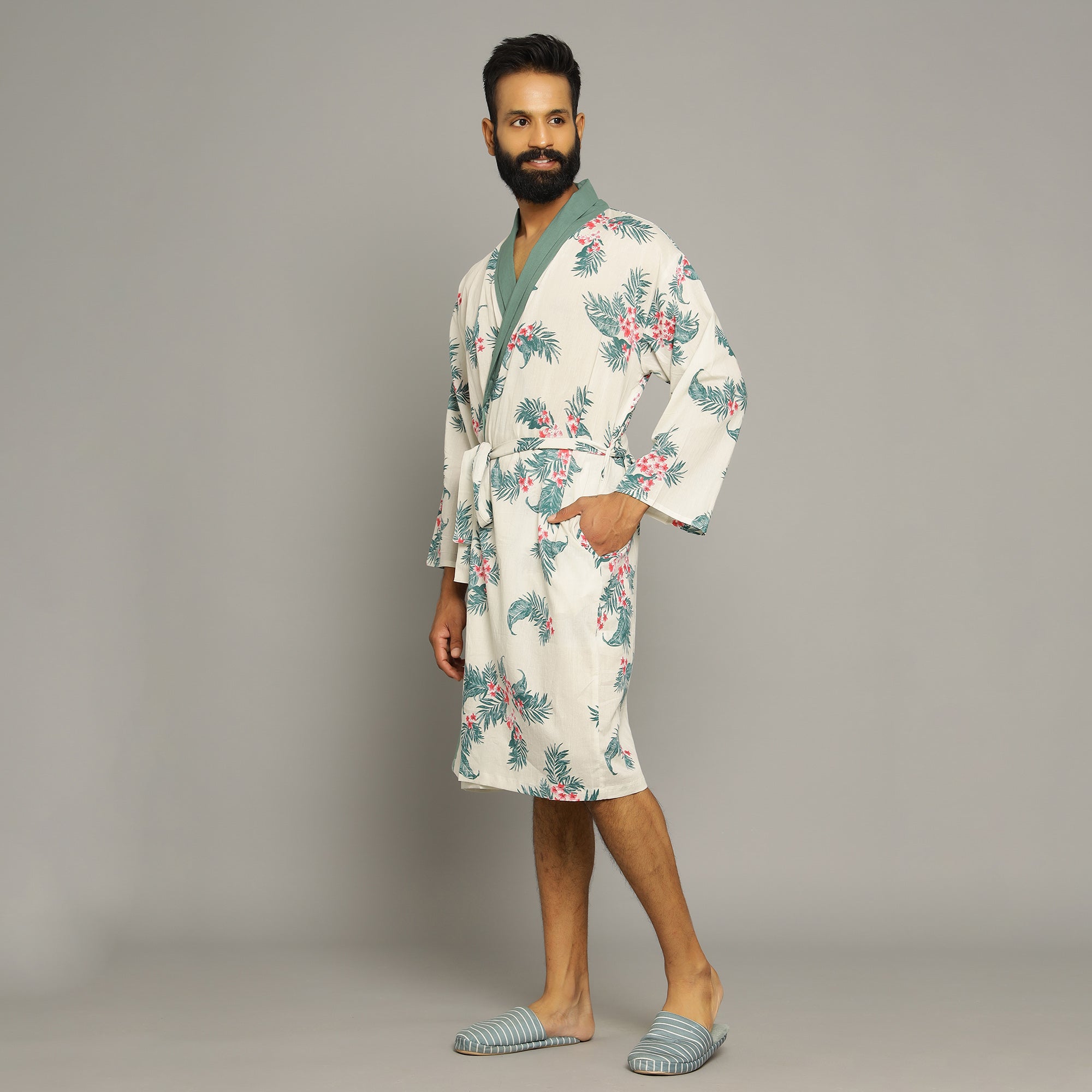 Men's Ivory Cotton Hand printed kimono robe