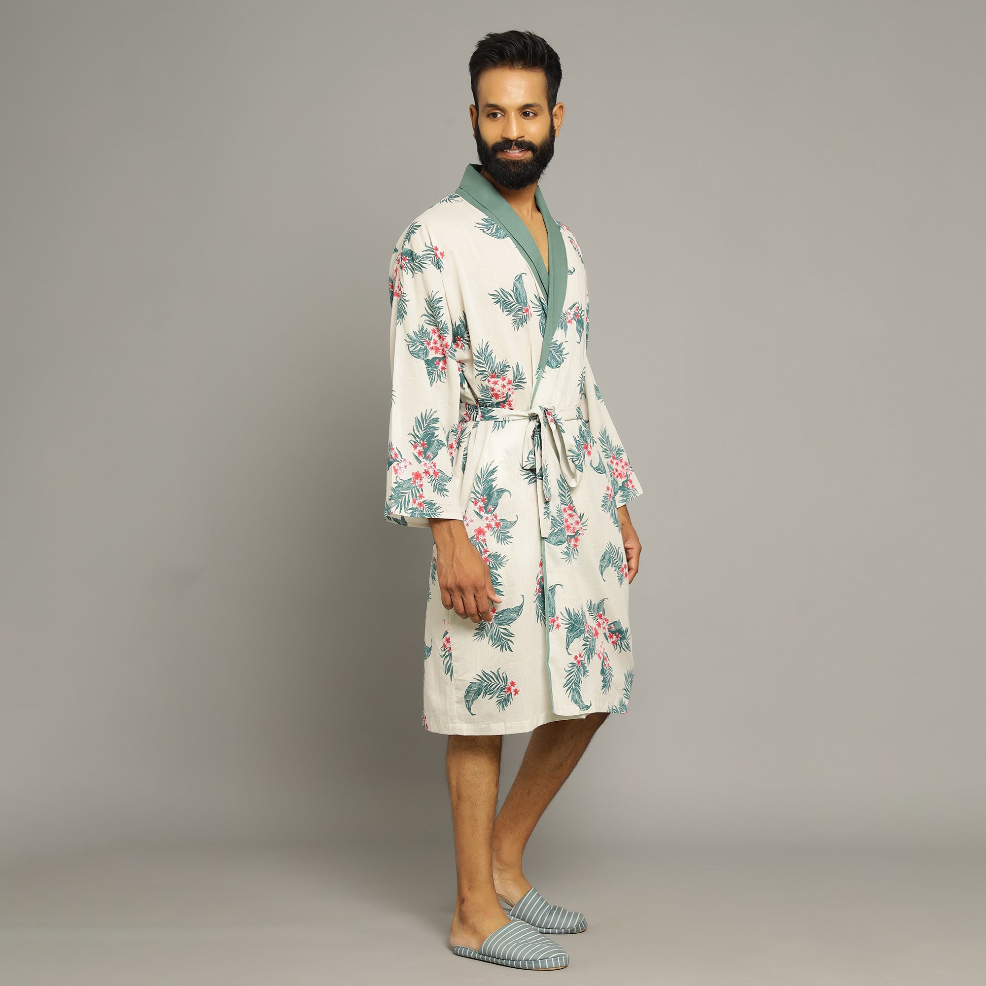 Men's Ivory Cotton Hand printed kimono robe