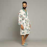Men's Ivory Cotton Hand printed kimono robe