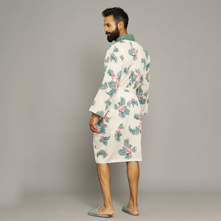Men's Ivory Cotton Hand printed kimono robe