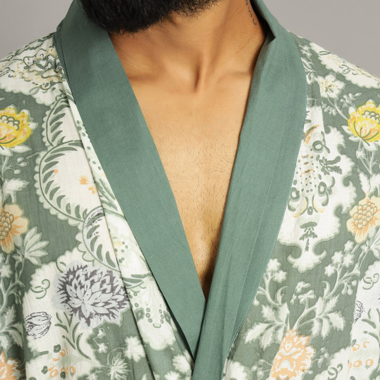 Men's Green Cotton Hand printed kimono robe