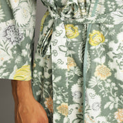 Men's Green Cotton Hand printed kimono robe