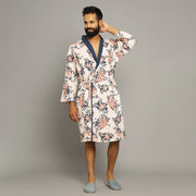 Men's Baby Pink Cotton Hand printed kimono robe