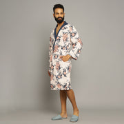 Men's Baby Pink Cotton Hand printed kimono robe