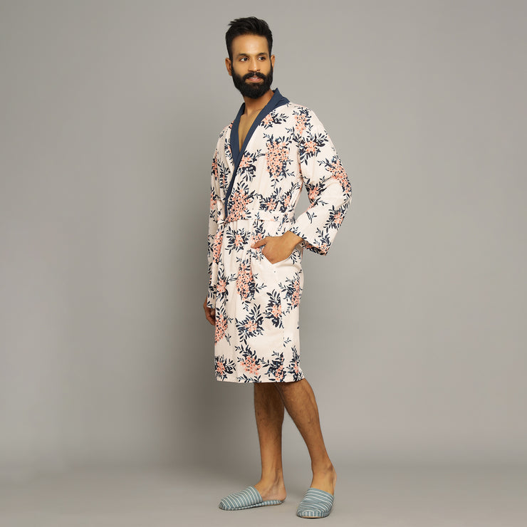 Men's Baby Pink Cotton Hand printed kimono robe