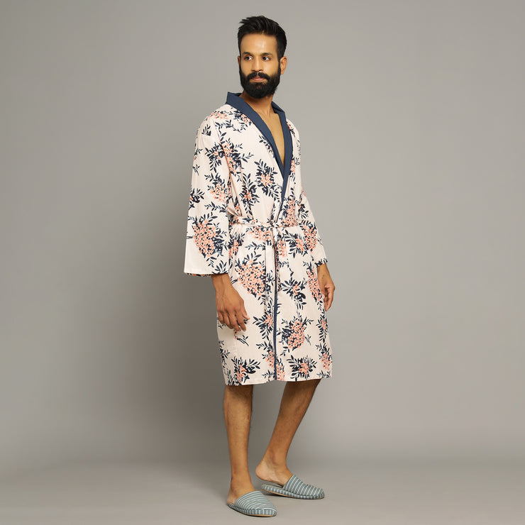 Men's Baby Pink Cotton Hand printed kimono robe