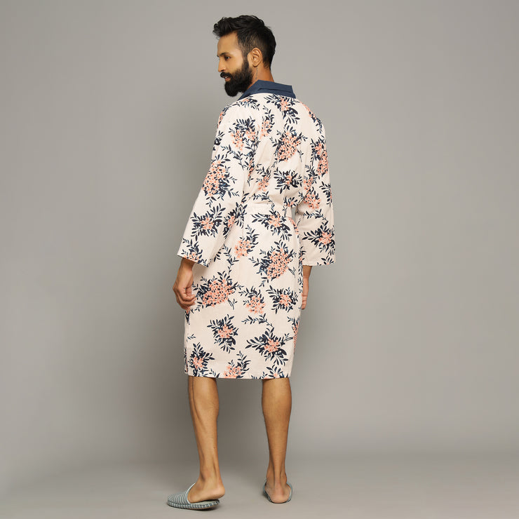 Men's Baby Pink Cotton Hand printed kimono robe