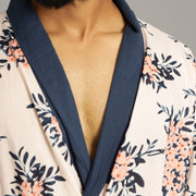 Men's Baby Pink Cotton Hand printed kimono robe