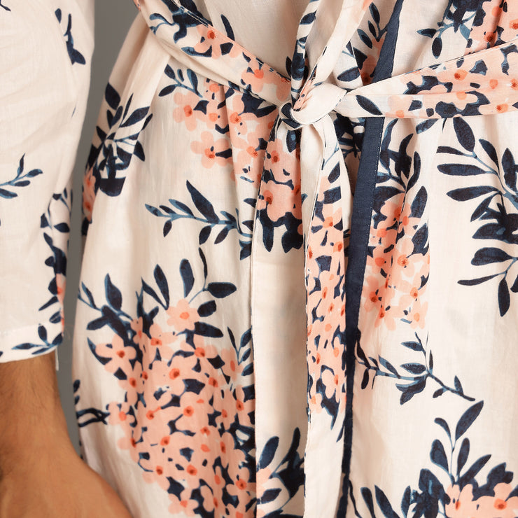 Men's Baby Pink Cotton Hand printed kimono robe