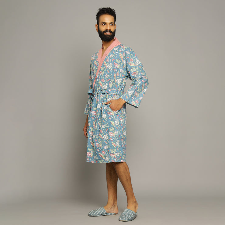 Men's Turquoise Cotton Hand printed kimono robe