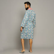 Men's Turquoise Cotton Hand printed kimono robe