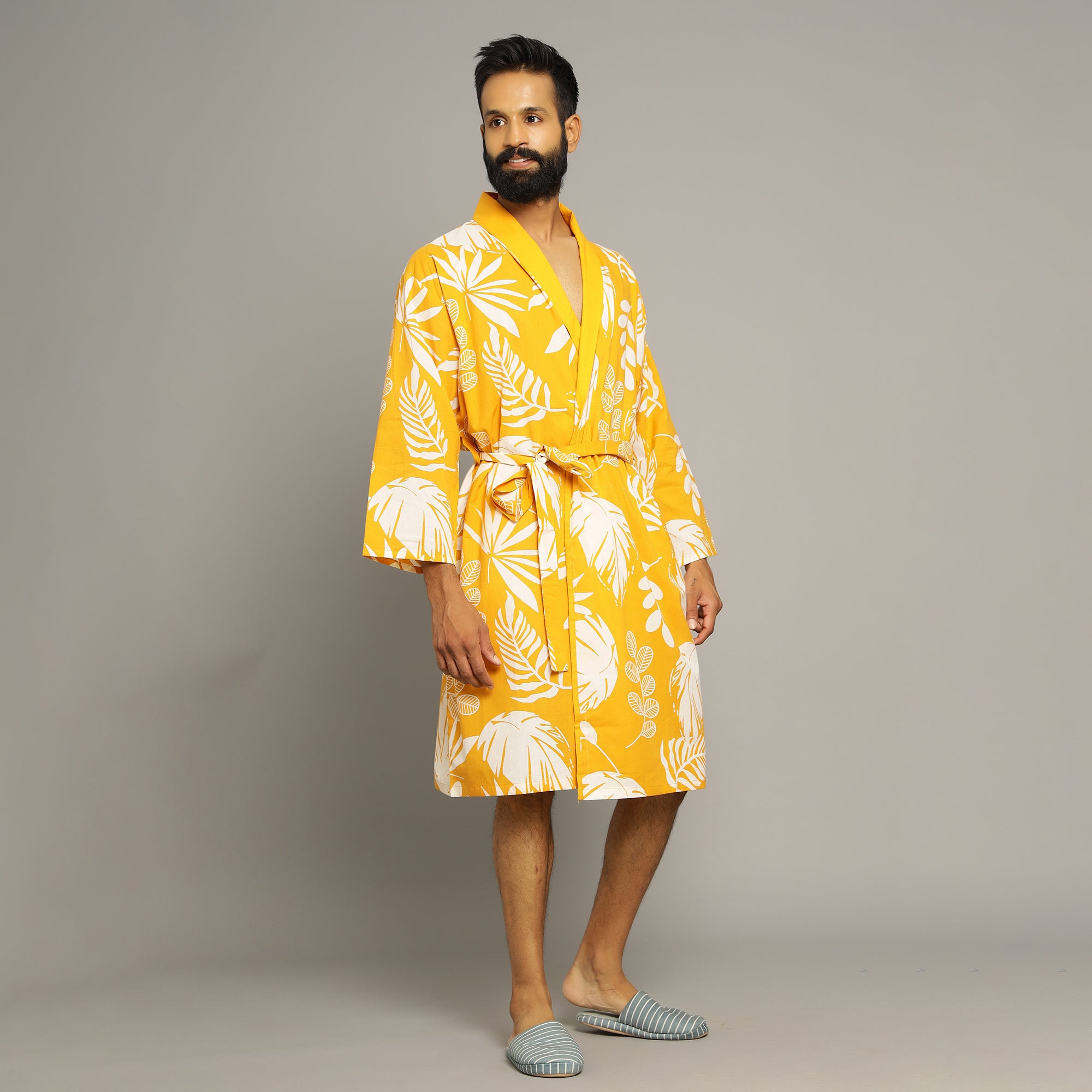 Men's Yellow Cotton Hand printed kimono robe