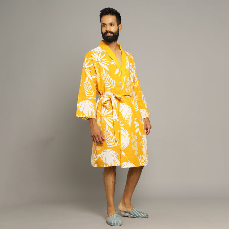 Men's Yellow Cotton Hand printed kimono robe