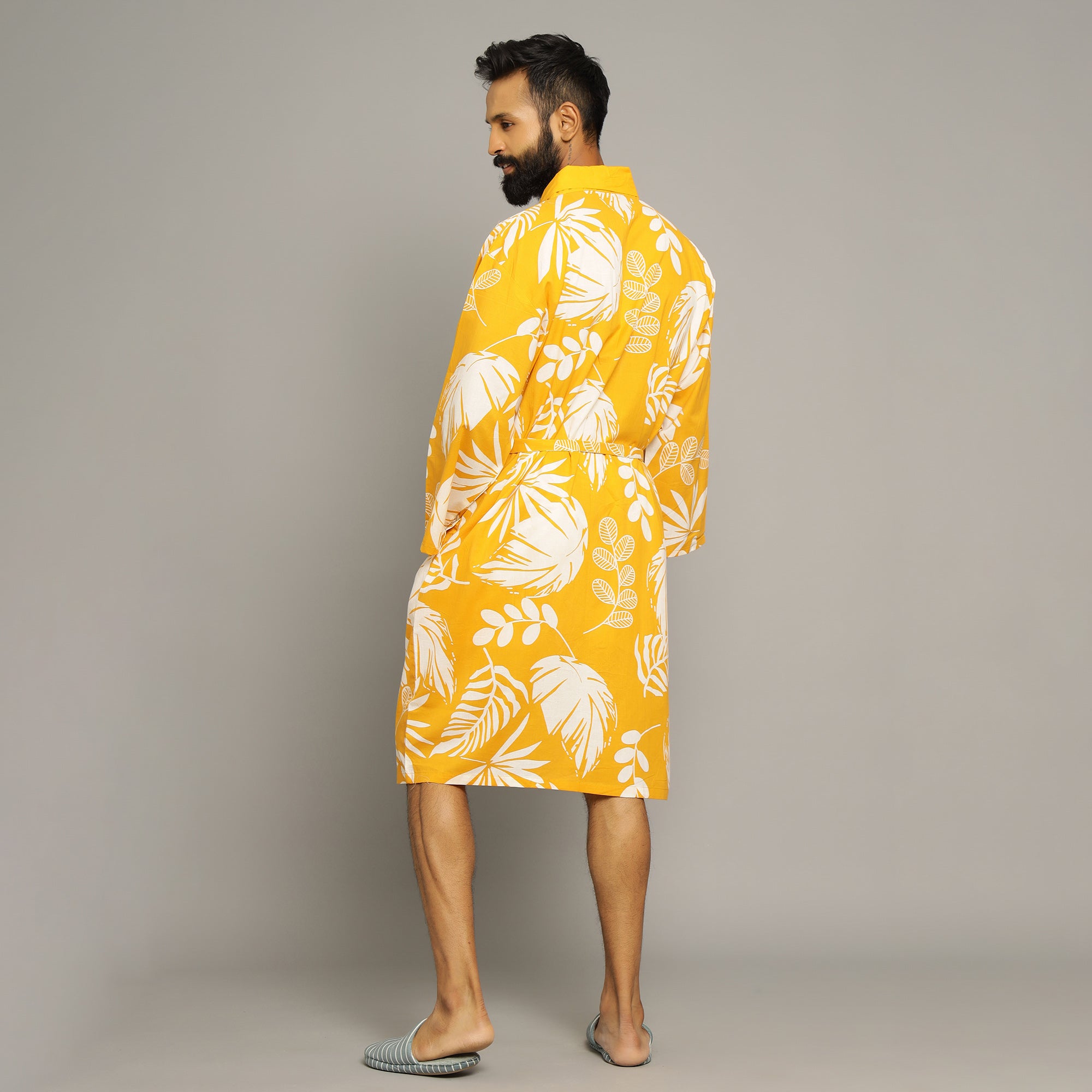 Men's Yellow Cotton Hand printed kimono robe