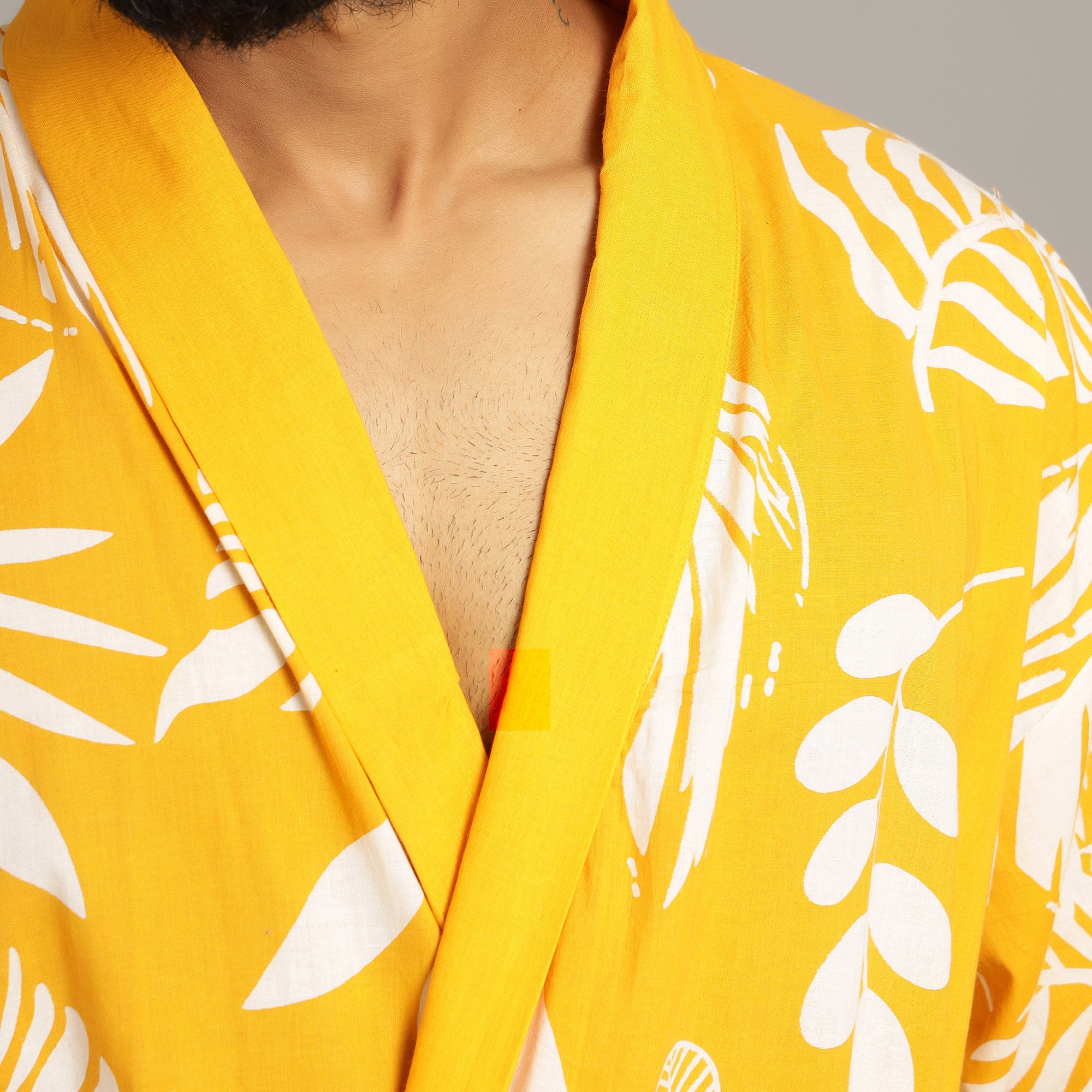 Men's Yellow Cotton Hand printed kimono robe