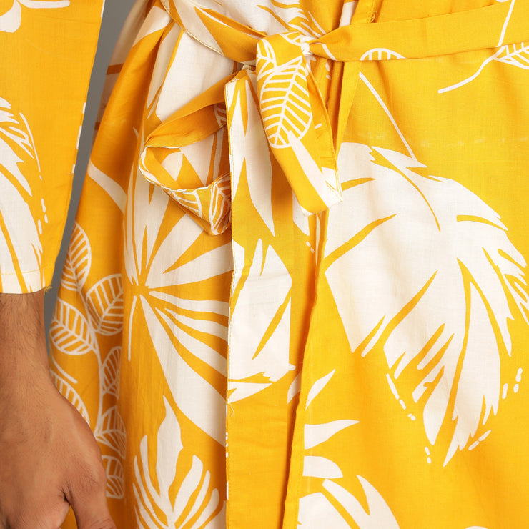 Men's Yellow Cotton Hand printed kimono robe
