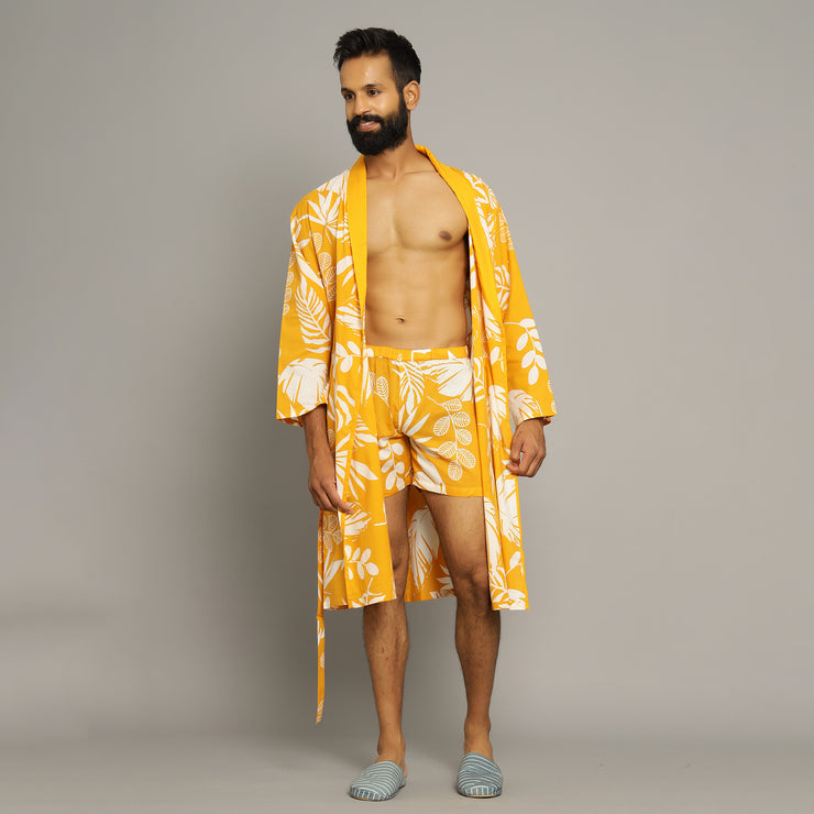 Men's Yellow Cotton Hand printed kimono robe