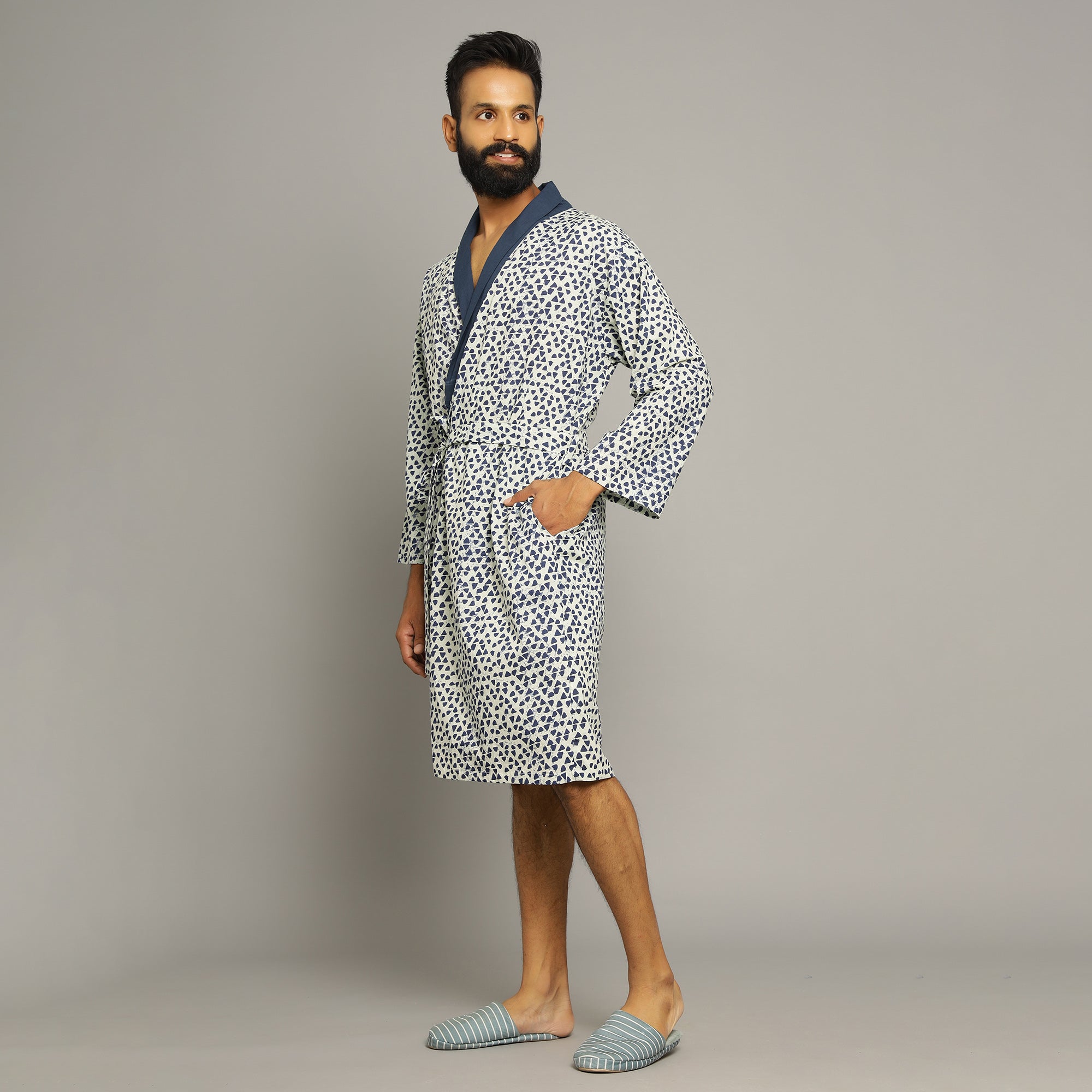 Men's Blue Triangles Cotton Hand printed kimono robe