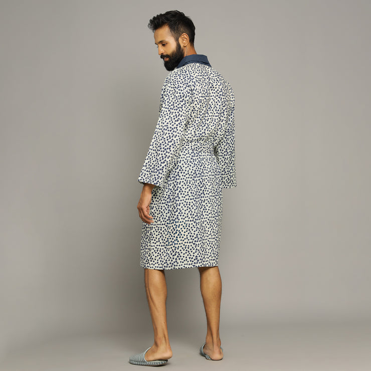 Men's Blue Triangles Cotton Hand printed kimono robe