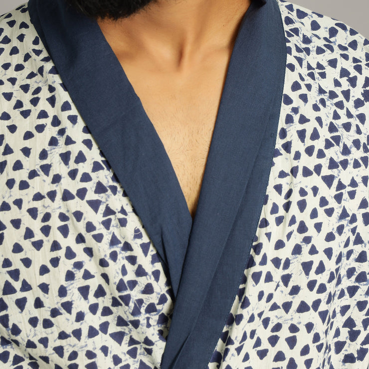 Men's Blue Triangles Cotton Hand printed kimono robe