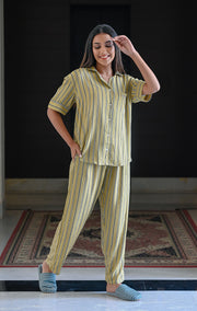 Yellow Rayon Crepe Printed Night Suit Set with Payjama