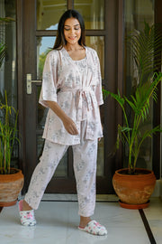 Women Pink Rayon Crepe Printed Night Suit Shrug Set