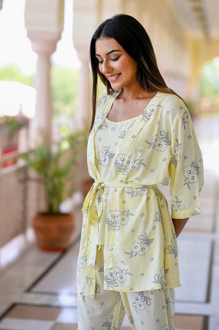 Yellow Rayon Crepe Printed Night Suit Shrug Set