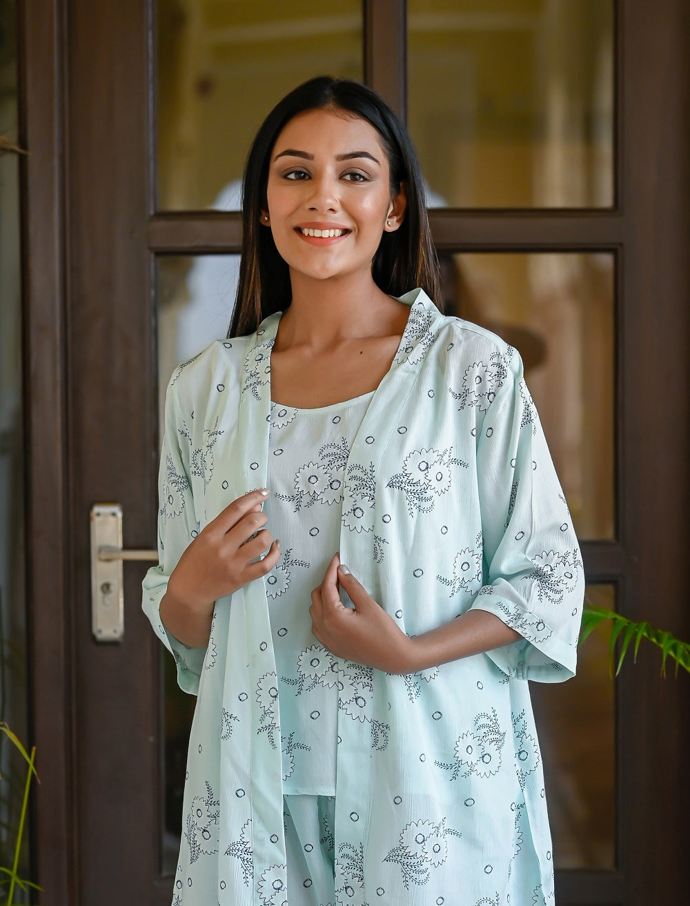 Skyblue Rayon Crepe Printed Night Suit Shrug Set