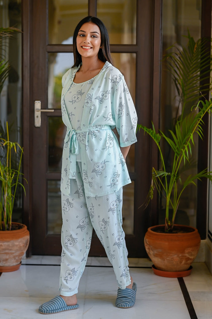 Skyblue Rayon Crepe Printed Night Suit Shrug Set