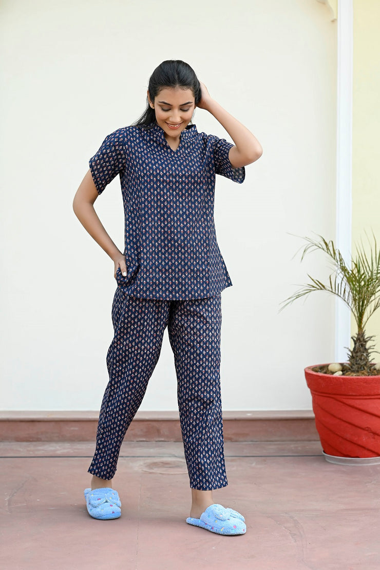 Navy Blue Cotton Printed Night Suit Set with Payjama