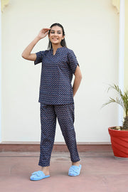 Navy Blue Cotton Printed Night Suit Set with Payjama