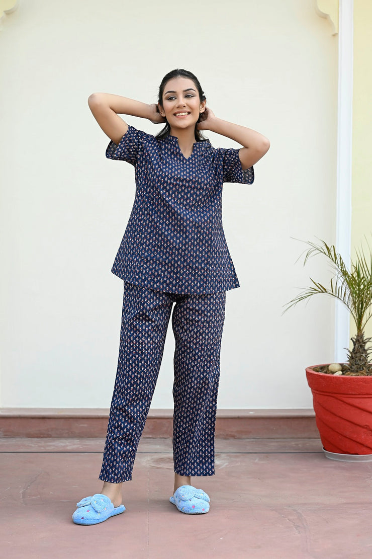 Navy Blue Cotton Printed Night Suit Set with Payjama