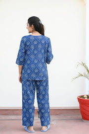 Indigo Blue Cotton Printed Night Suit Set with Payjama