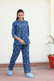 Indigo Blue Cotton Printed Night Suit Set with Payjama