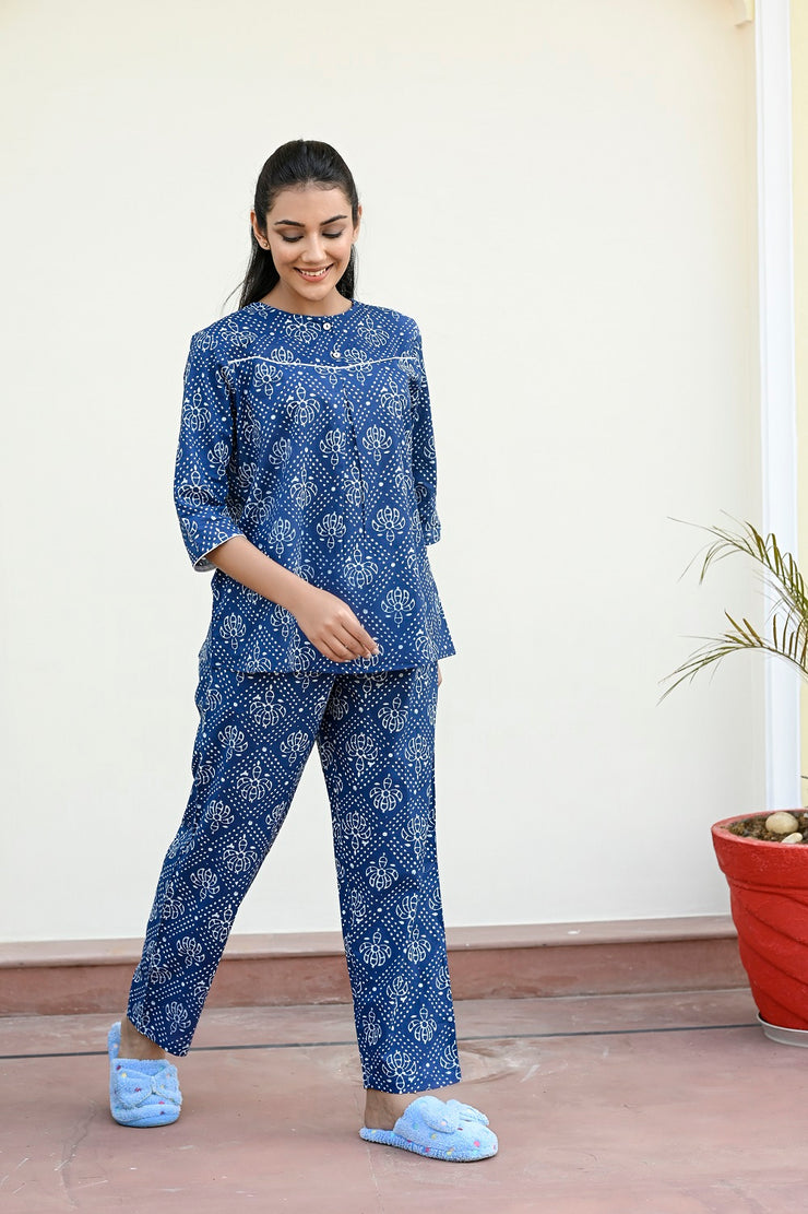 Indigo Blue Cotton Printed Night Suit Set with Payjama