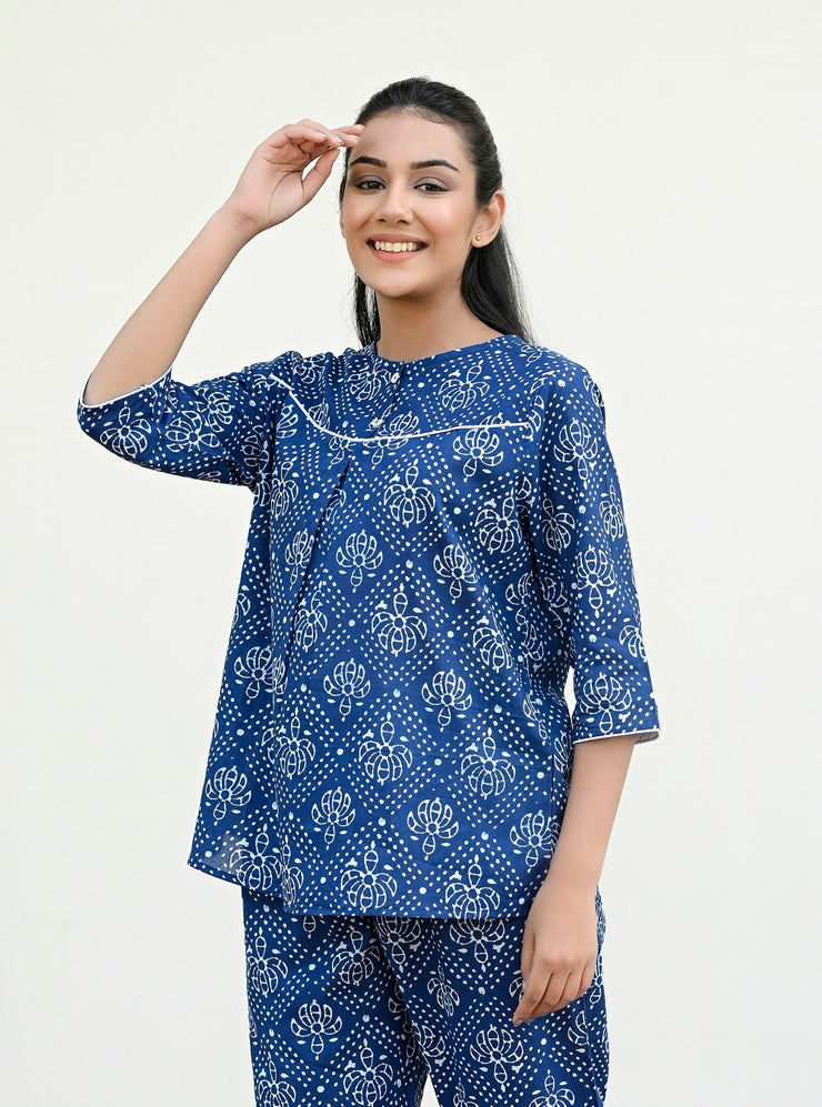 Indigo Blue Cotton Printed Night Suit Set with Payjama