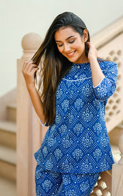 Indigo Blue Cotton Printed Night Suit Set with Payjama