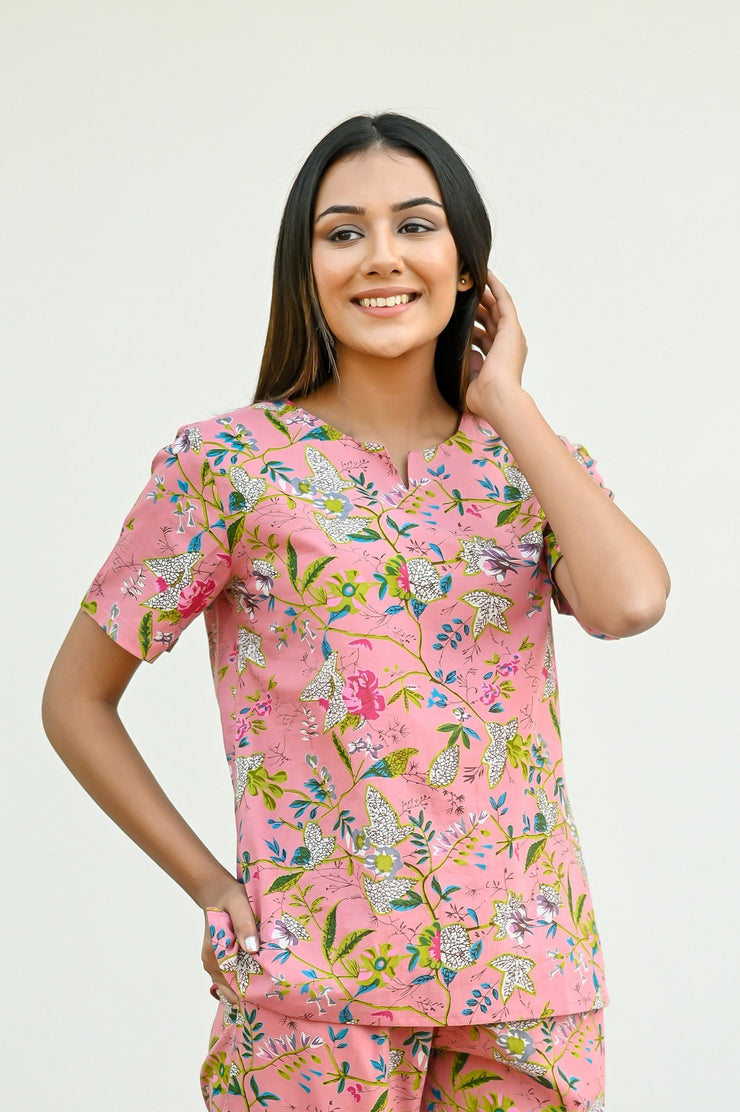 Pink Cotton Printed Night Suit Set with Payjama