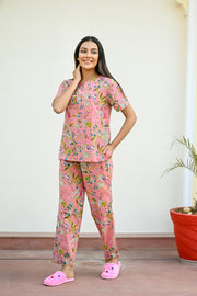 Pink Cotton Printed Night Suit Set with Payjama