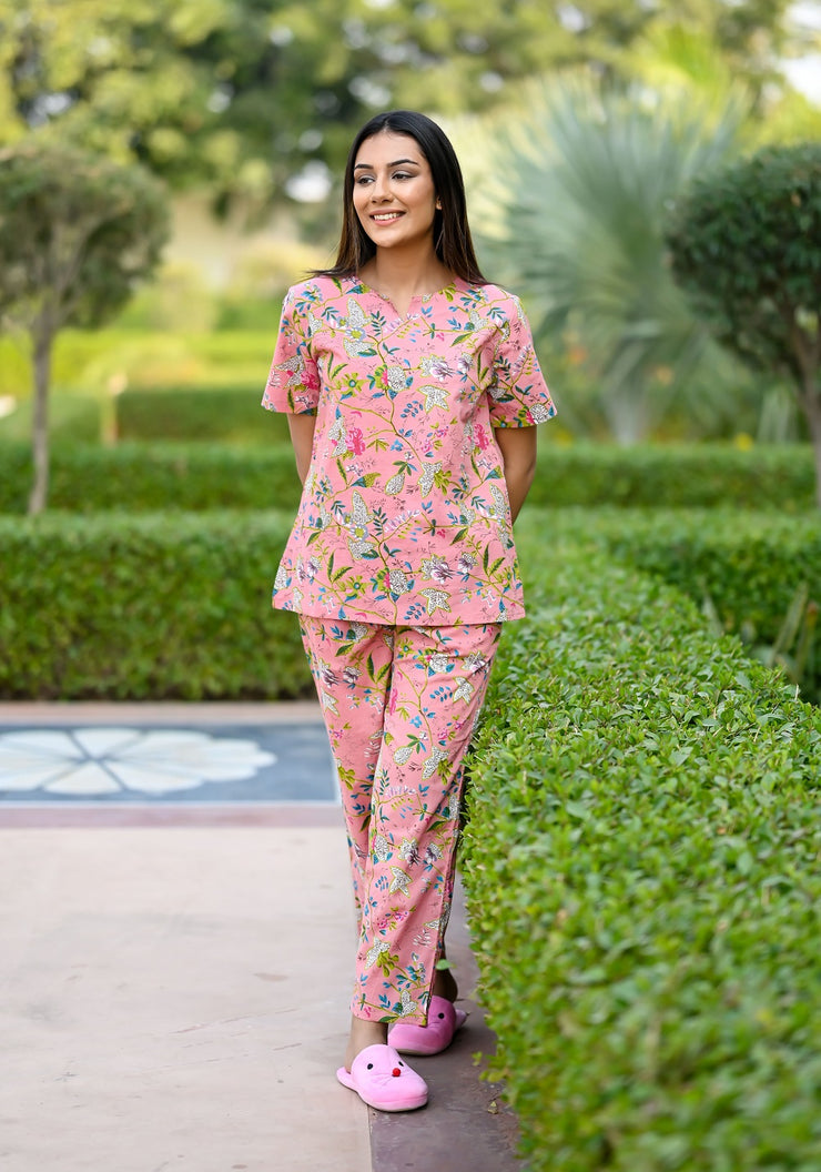 Pink Cotton Printed Night Suit Set with Payjama